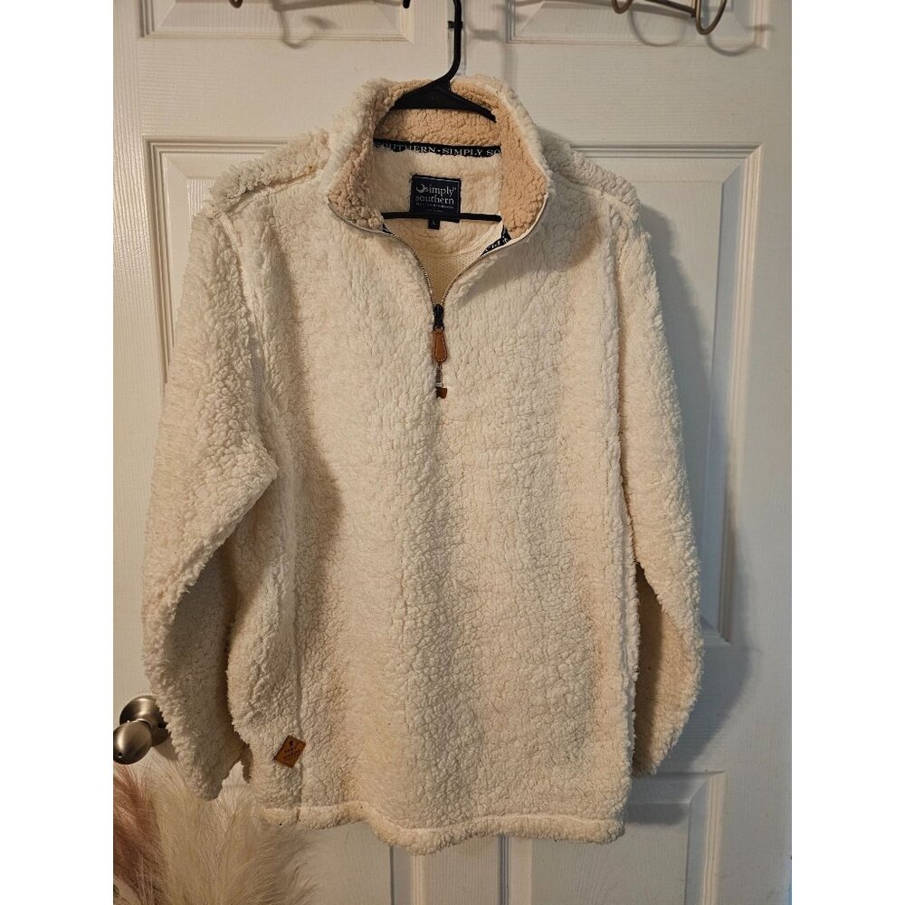 Simply Southern Womens White Sherpa Quarter-Zip Pullover Size L Fleece Outerwear